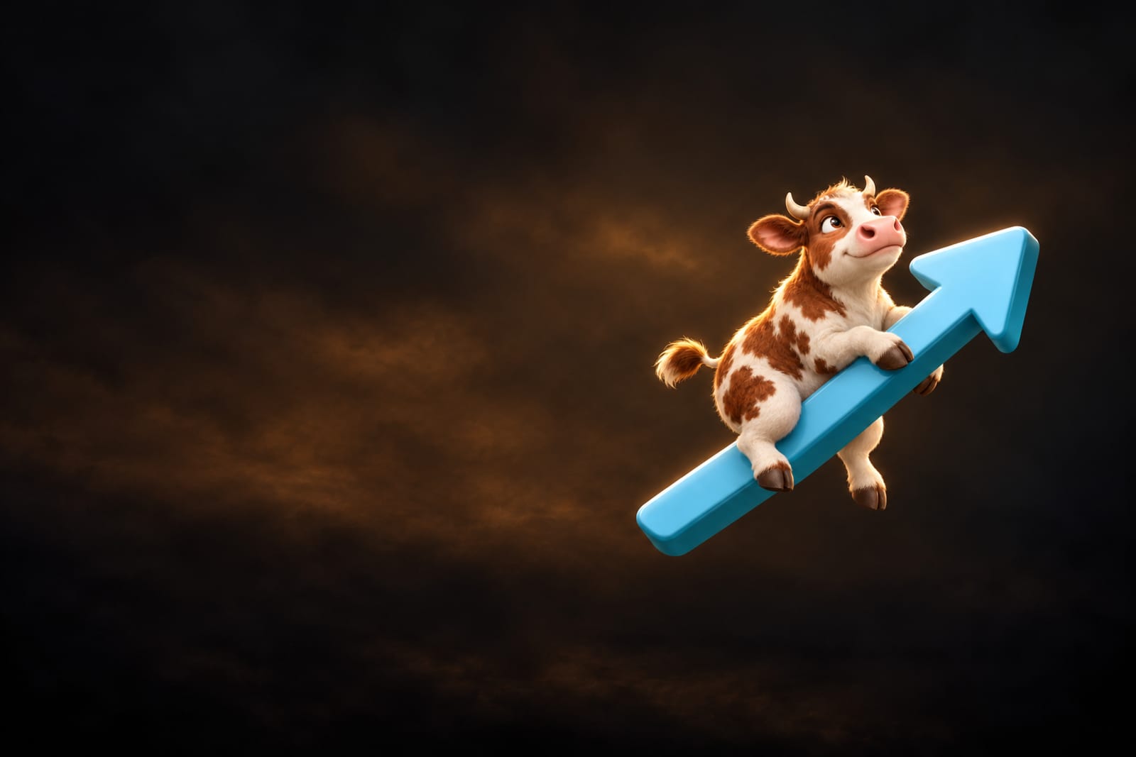 Launch Cowntdown, a glossy brown-and-white cow, straddles a pale-blue arrow with teal sides pointing up and right against a near-black background.